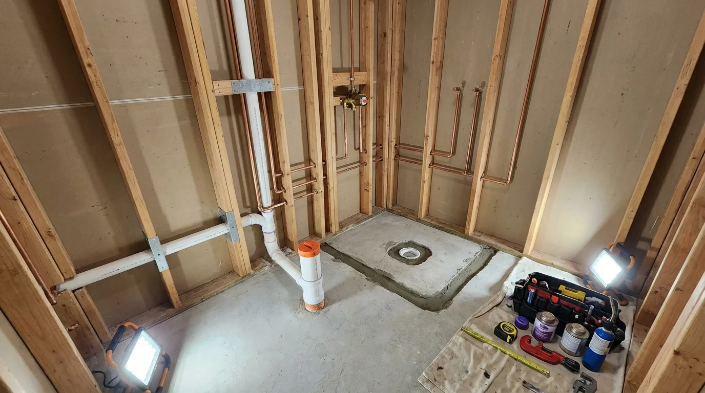 Bathroom rough-in plumbing during remodel by Johns Plumbing LLC in Rossville