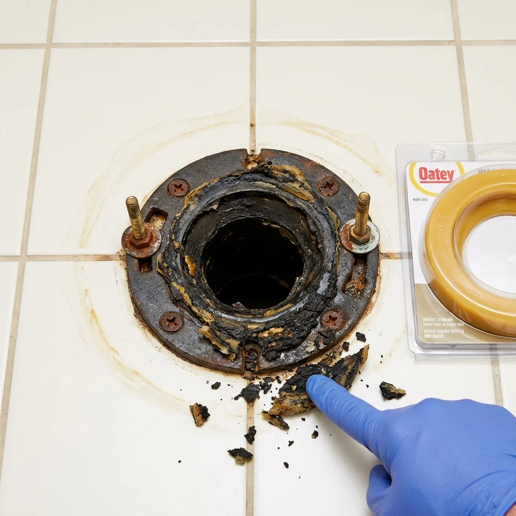 Failed wax ring showing water seepage at the base of a toilet in a Rossville, IL home