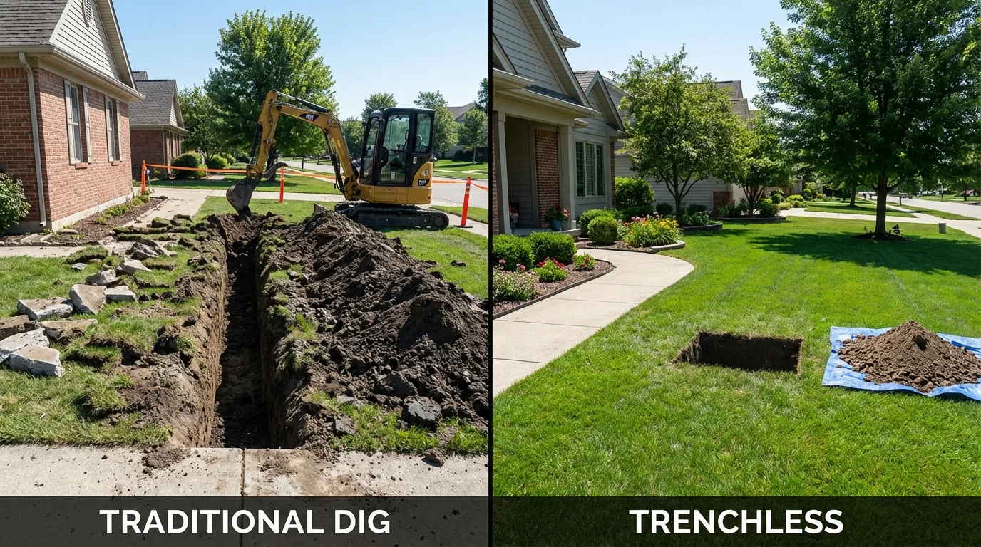 Trenchless sewer repair with minimal yard damage versus traditional excavation in Rossville, IL