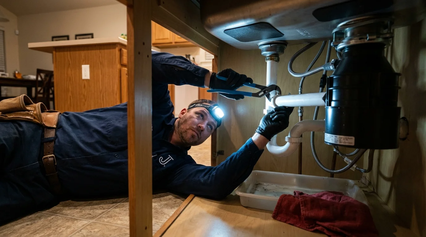 P-trap and supply line connections under a kitchen sink showing a common leak point in Rossville, IL